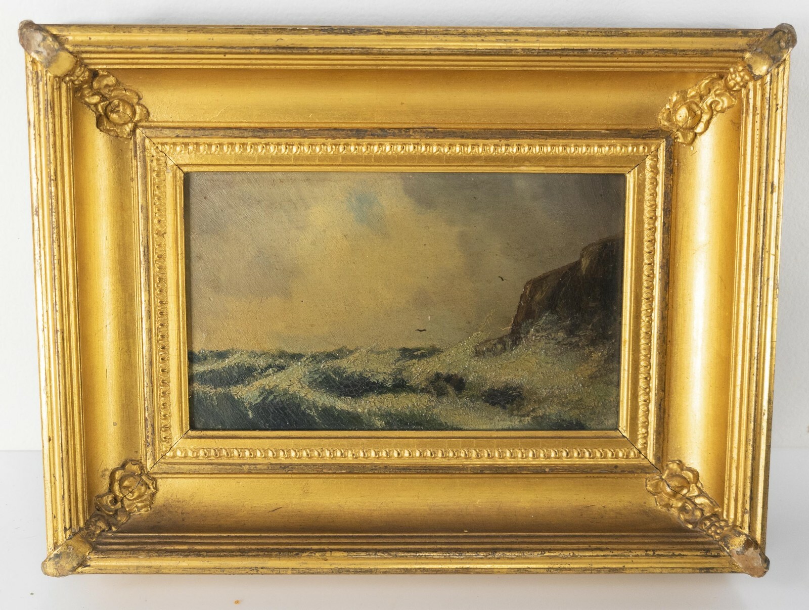 Antique Small Oil Painting on Artist Board Seascape Signed J. Ros Gold Frame