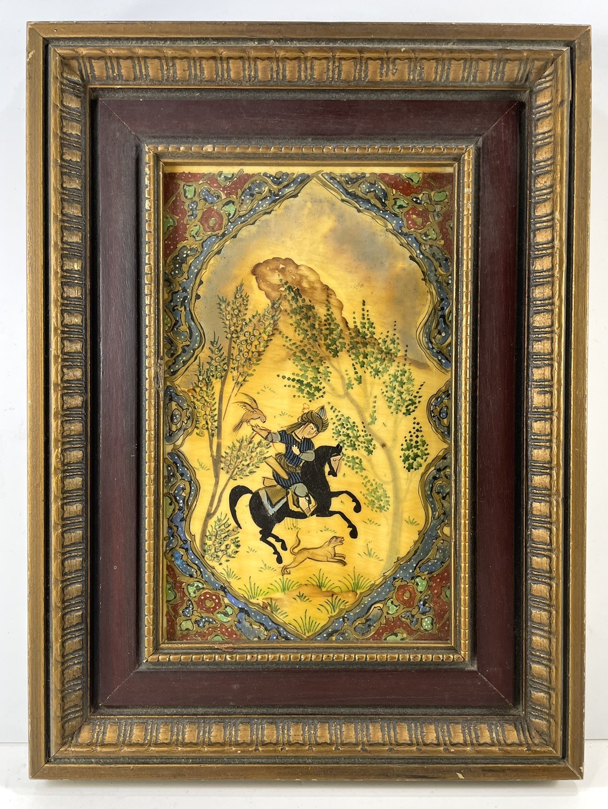 Antique Persian Miniature Oil Painting Celluloid Horse Falcon Dog Hunting FRAMED