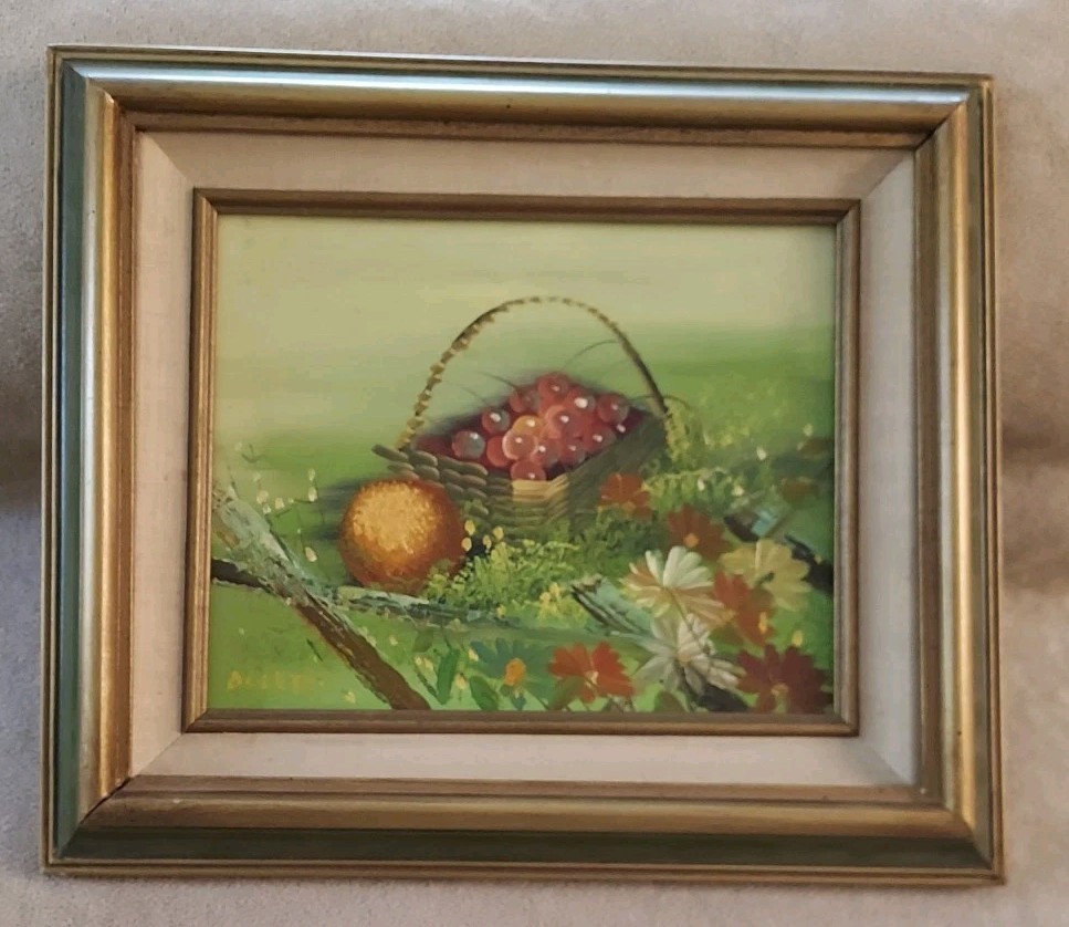 Original Oil Painting Still Life Basket Of Cherries Flowers Framed MCM Signed