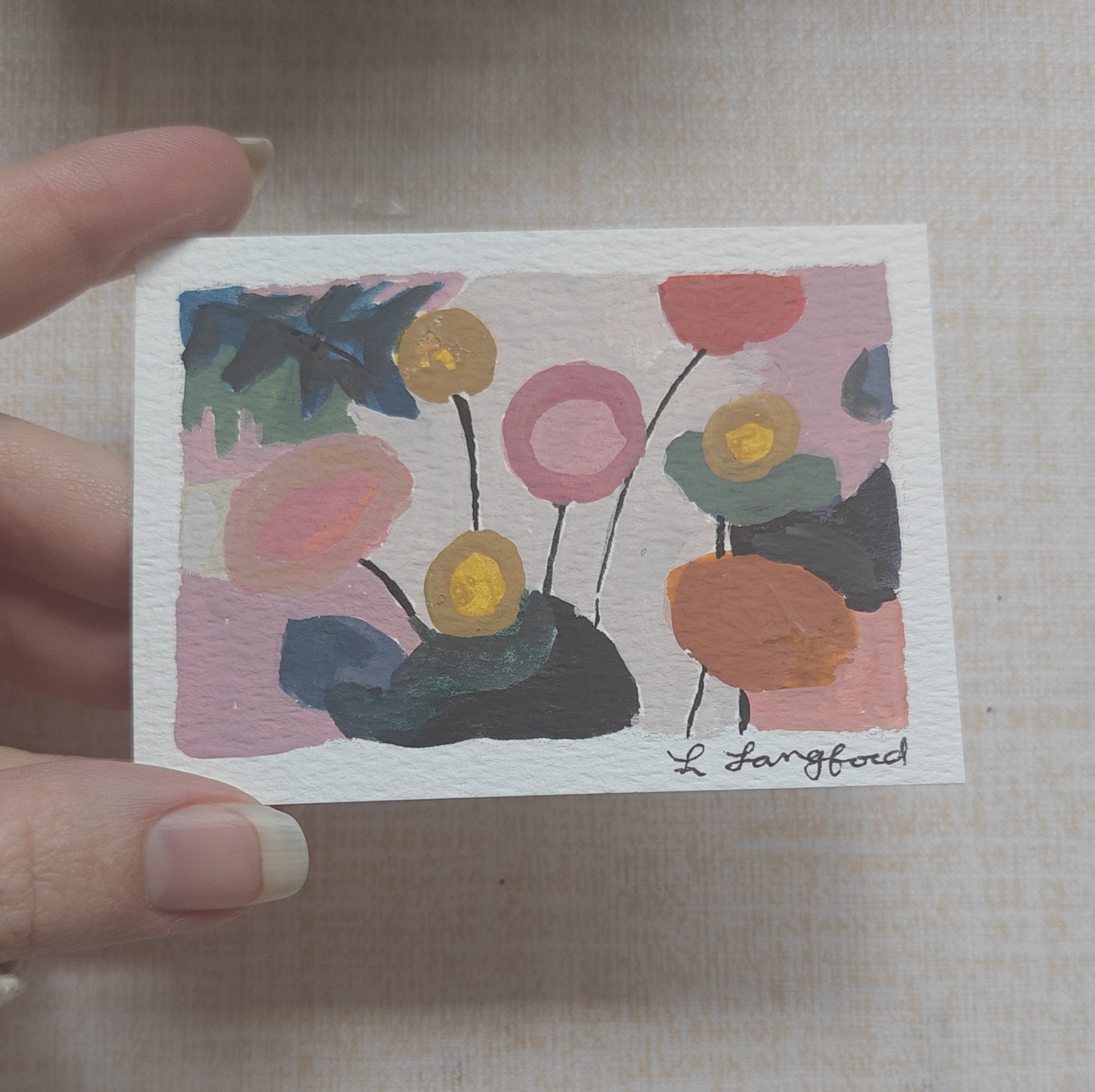 Original ACEO Floral Gouache Painting 2.5×3.5 Signed OOAK