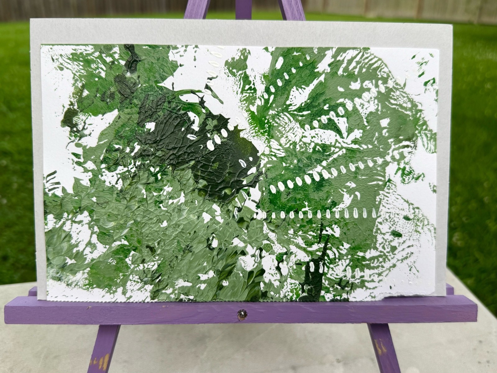 “Gardenia” 8.5 x 5.5 in Green and White Small Abstract Acrylic Painting