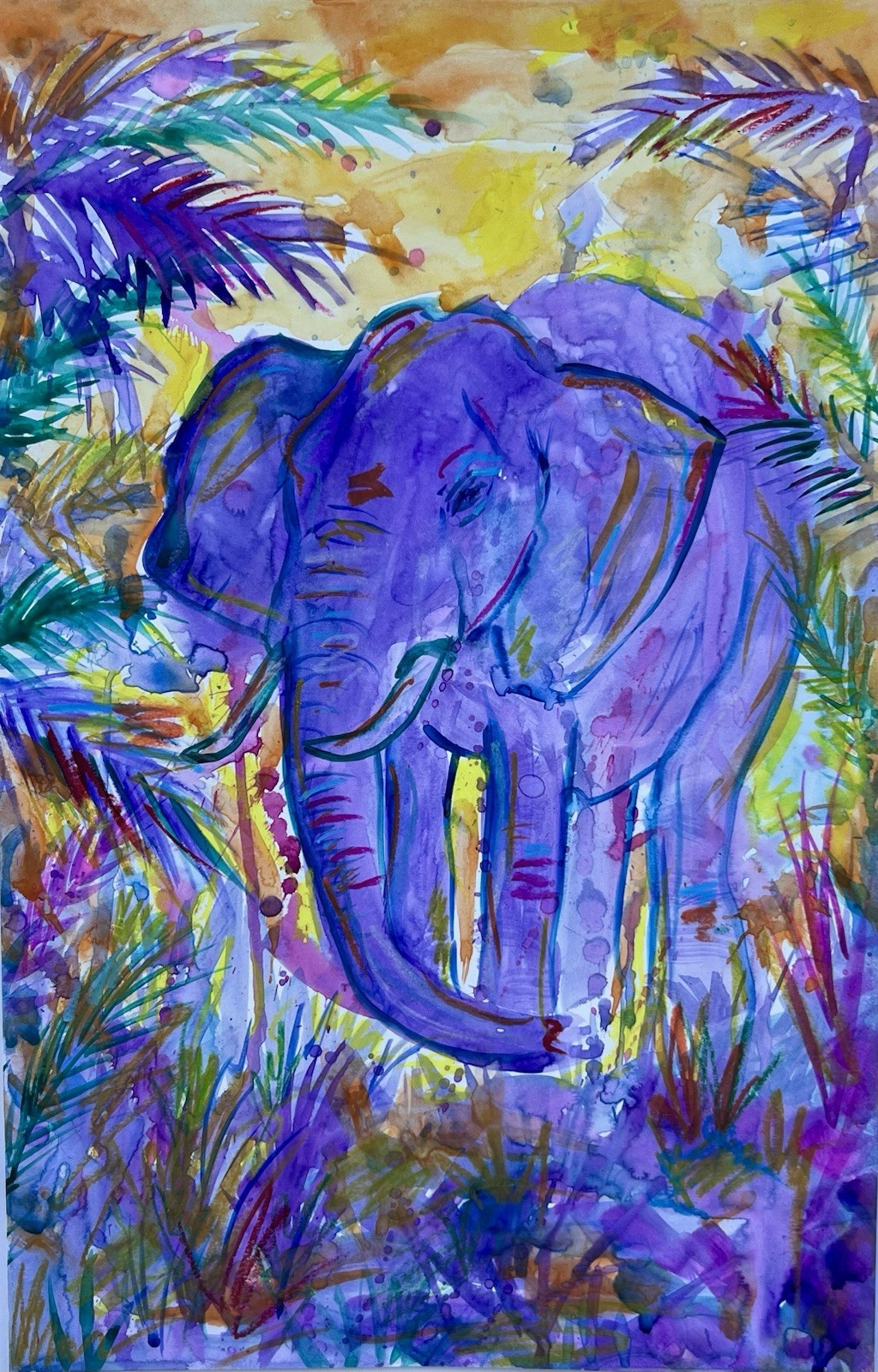 PURPLE ELEPHANT IN JUNGLE COLORFUL LANDSCAPE PAINTING STUDY ON PAPER 11×17