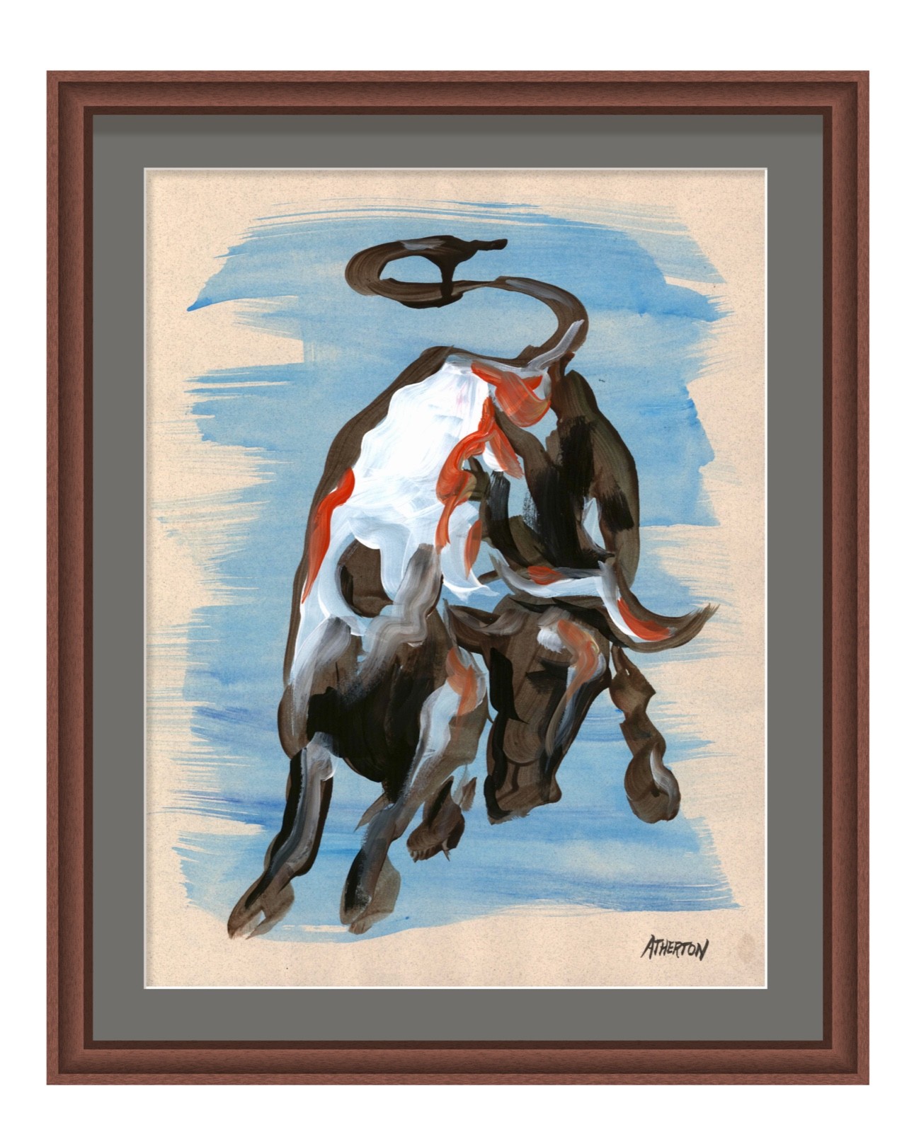 Atherton 9×12 Original Angry Bull Acrylic Painting “Bull on Blue” signed