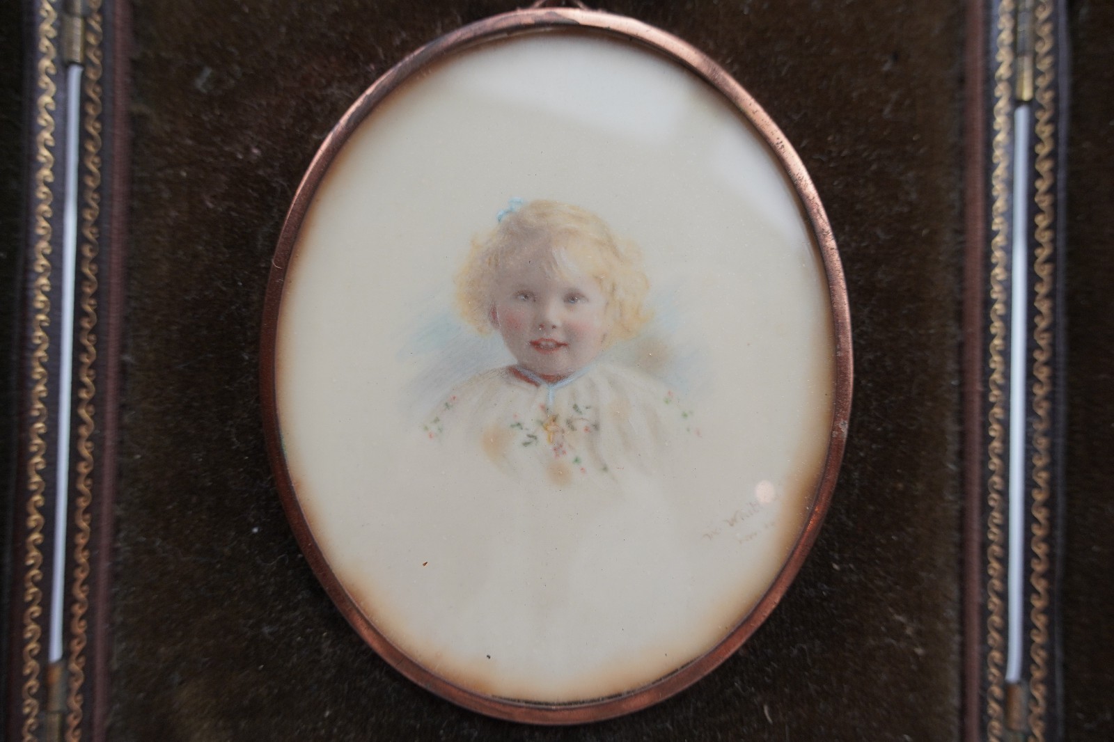 Antique Painting Miniature Portrait Child Girl Leather Triptych Case Signed