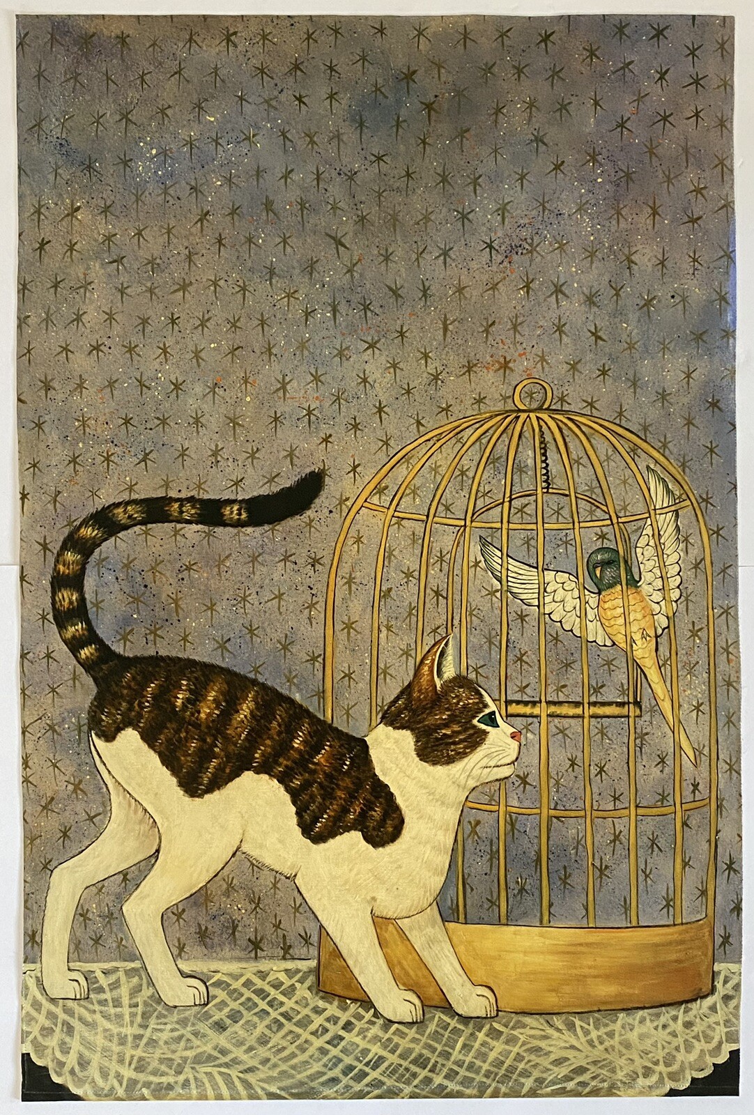 Mid Century VTG American Folk Tabby Cat Kitten Bird Still Life Portrait Painting