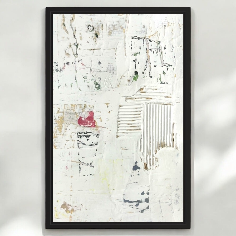 Original Framed Minimalist Modern Art Collage Painting 12×18 “Tychism”
