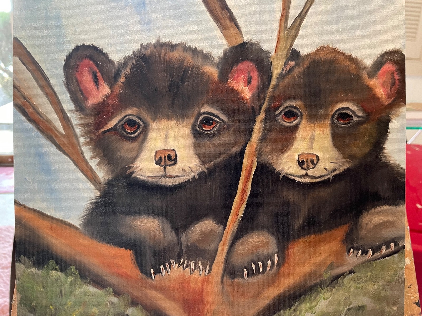 Original oil painting signed 11 x 14 in Bear cubs in a tree