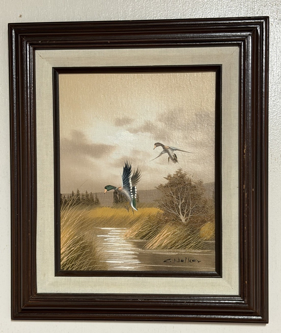 Mallard Ducks, Flight, Fall Themed Oil Painting-Made in Mexico-Signed/Framed