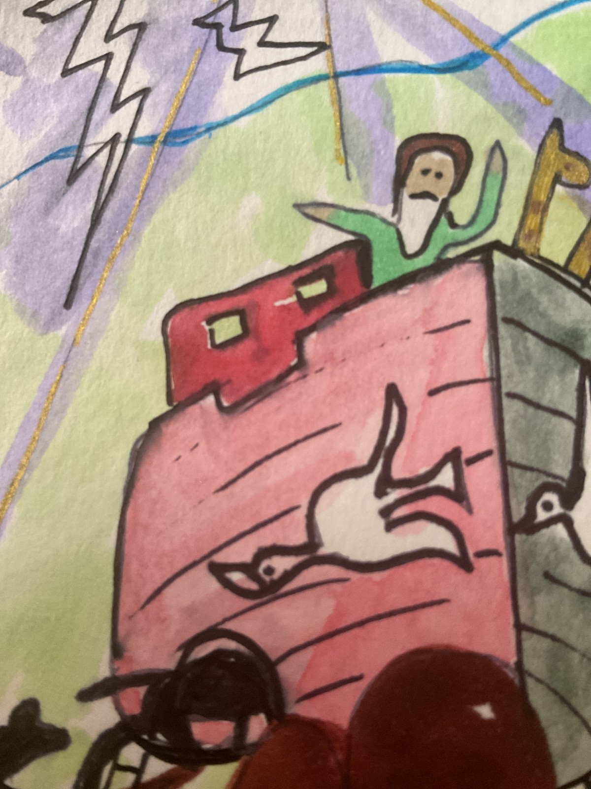 ACEO watercolor art by PJ, art card 2.5 x 3.5: last call, loading the ark.
