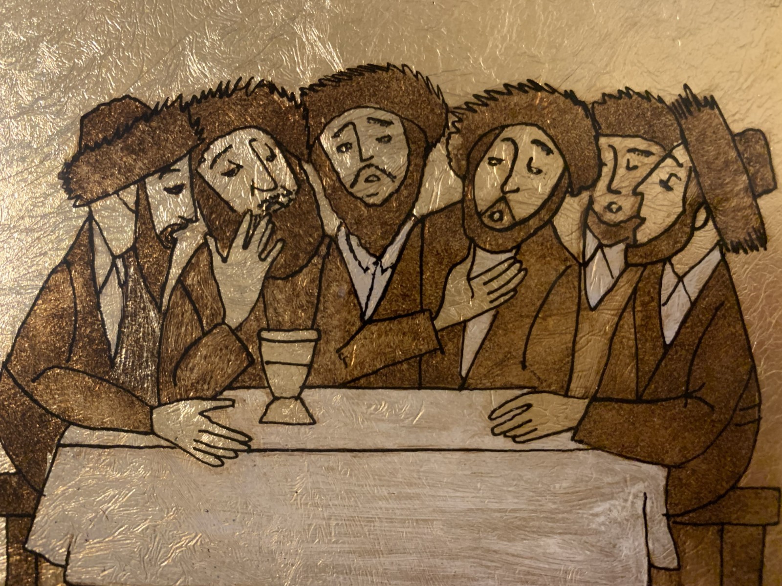 original signed Religious Folk Art Gold Leaf Foil Painting Jewish Men Judaica
