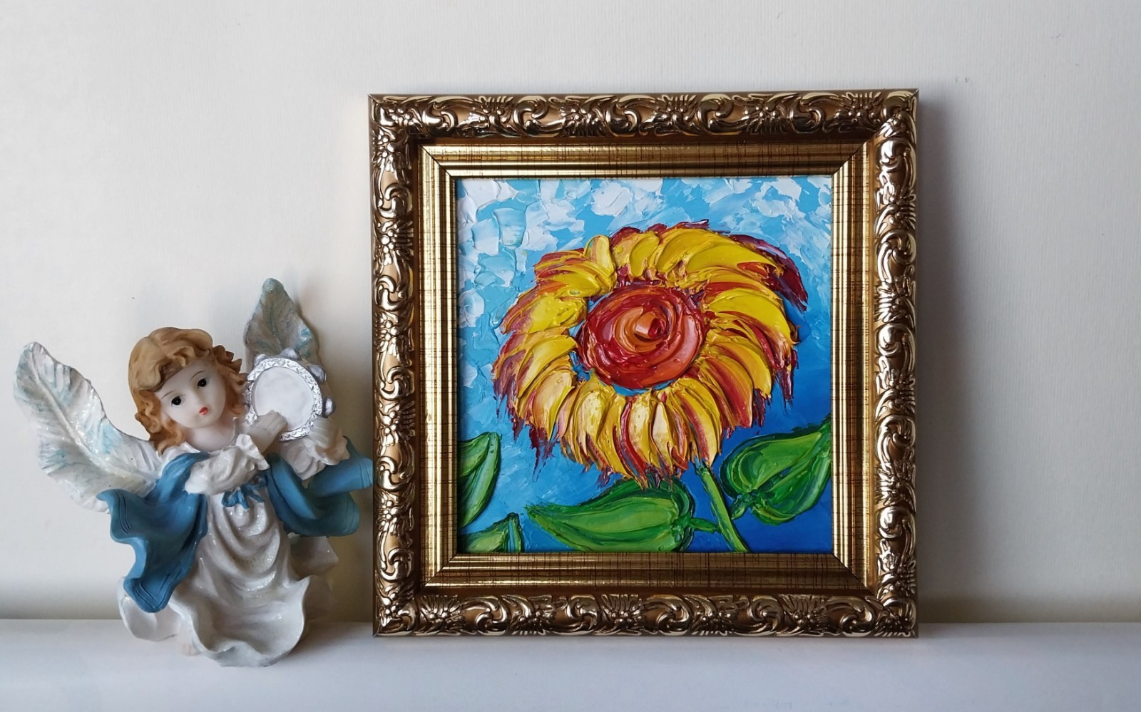 Framed Bright Sunflower Yellow Summer Flower 4×4″ Impasto Oil Painting Original