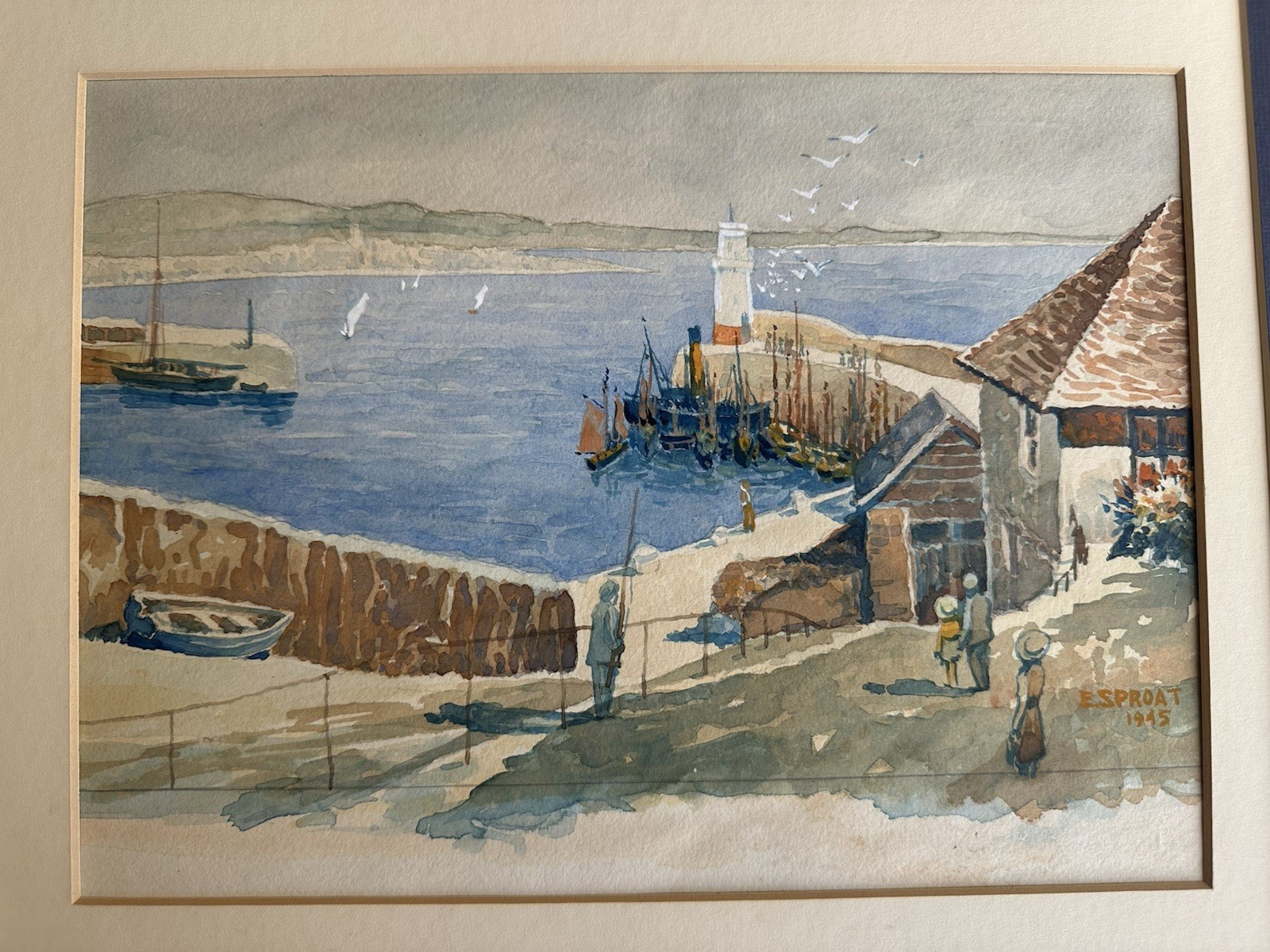 1945 E. Sproat “Penzance from Newlyn Harbour” Watercolor Painting Fishing Boats