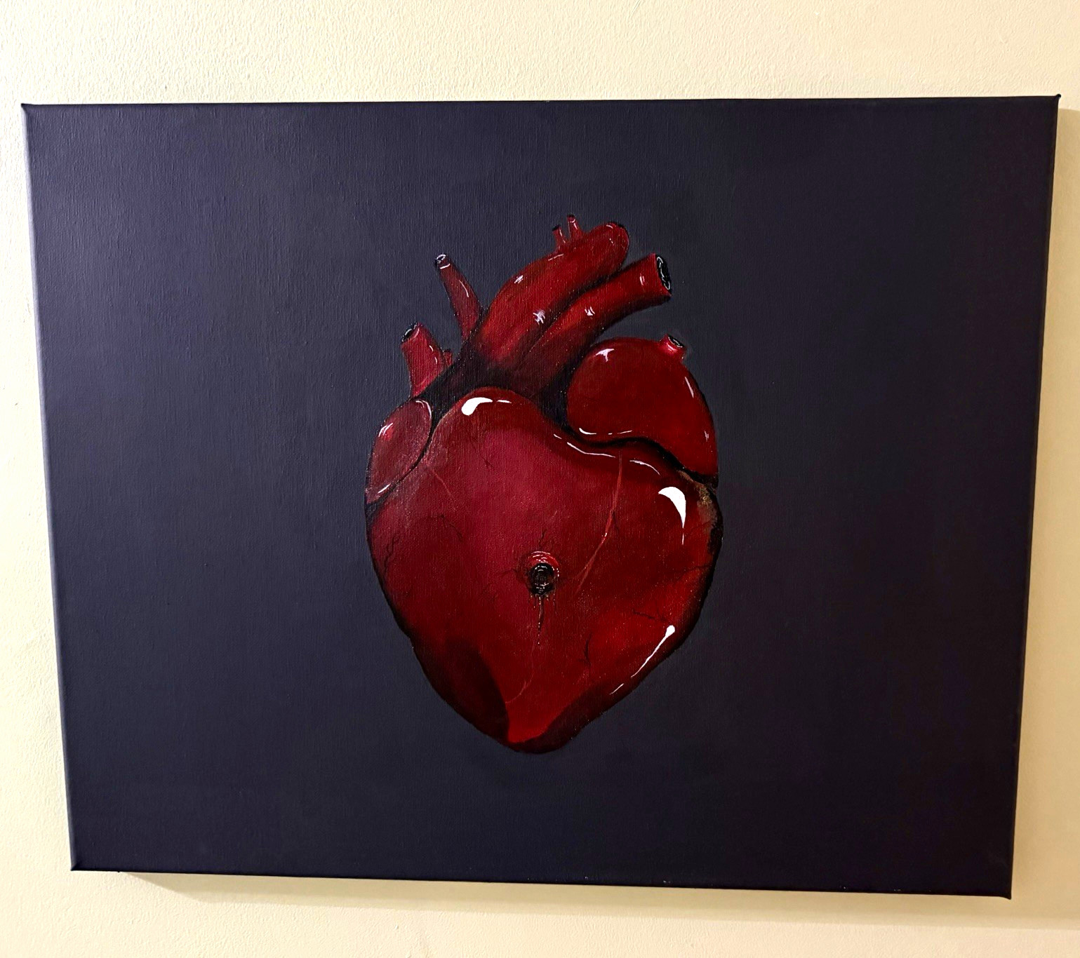 Modern Realism Anatomical Heart Painting on Black Background, Unframed