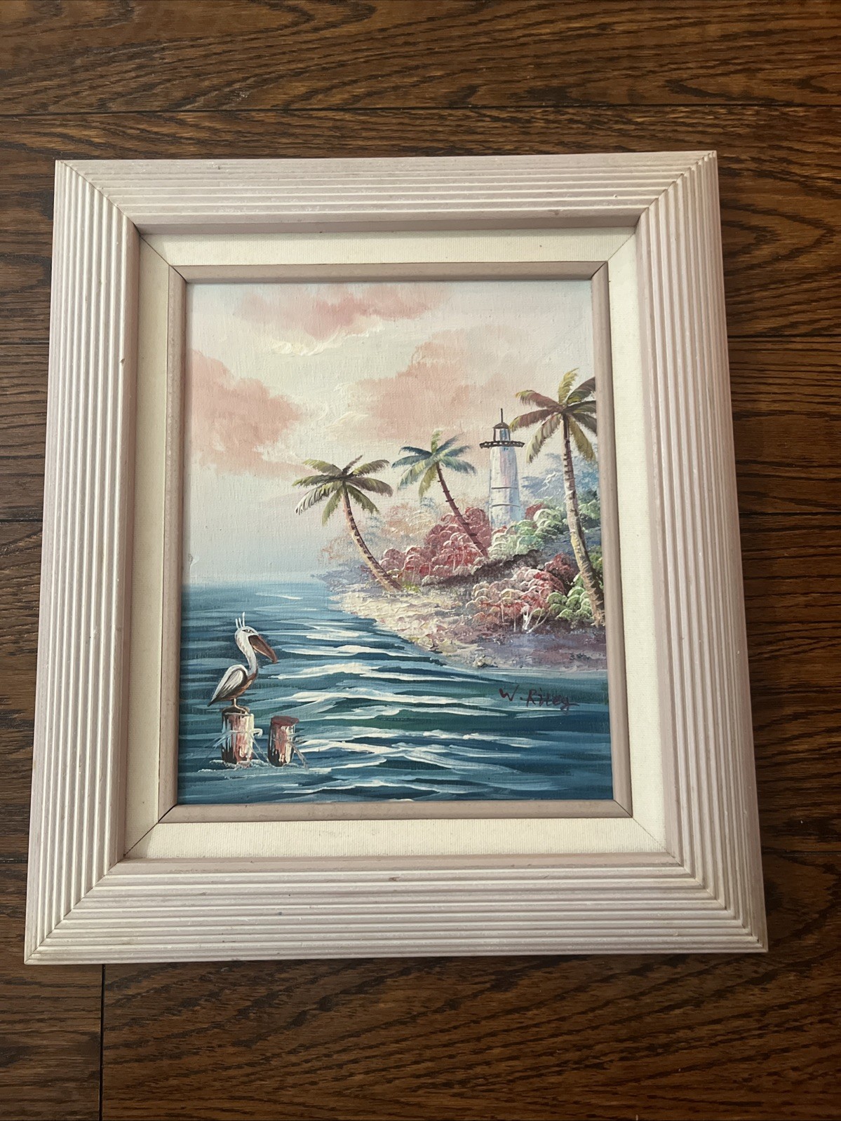Original Seascape Lighthouse Sailboat Beach Palms Pelican Artist W. Riley 13×15