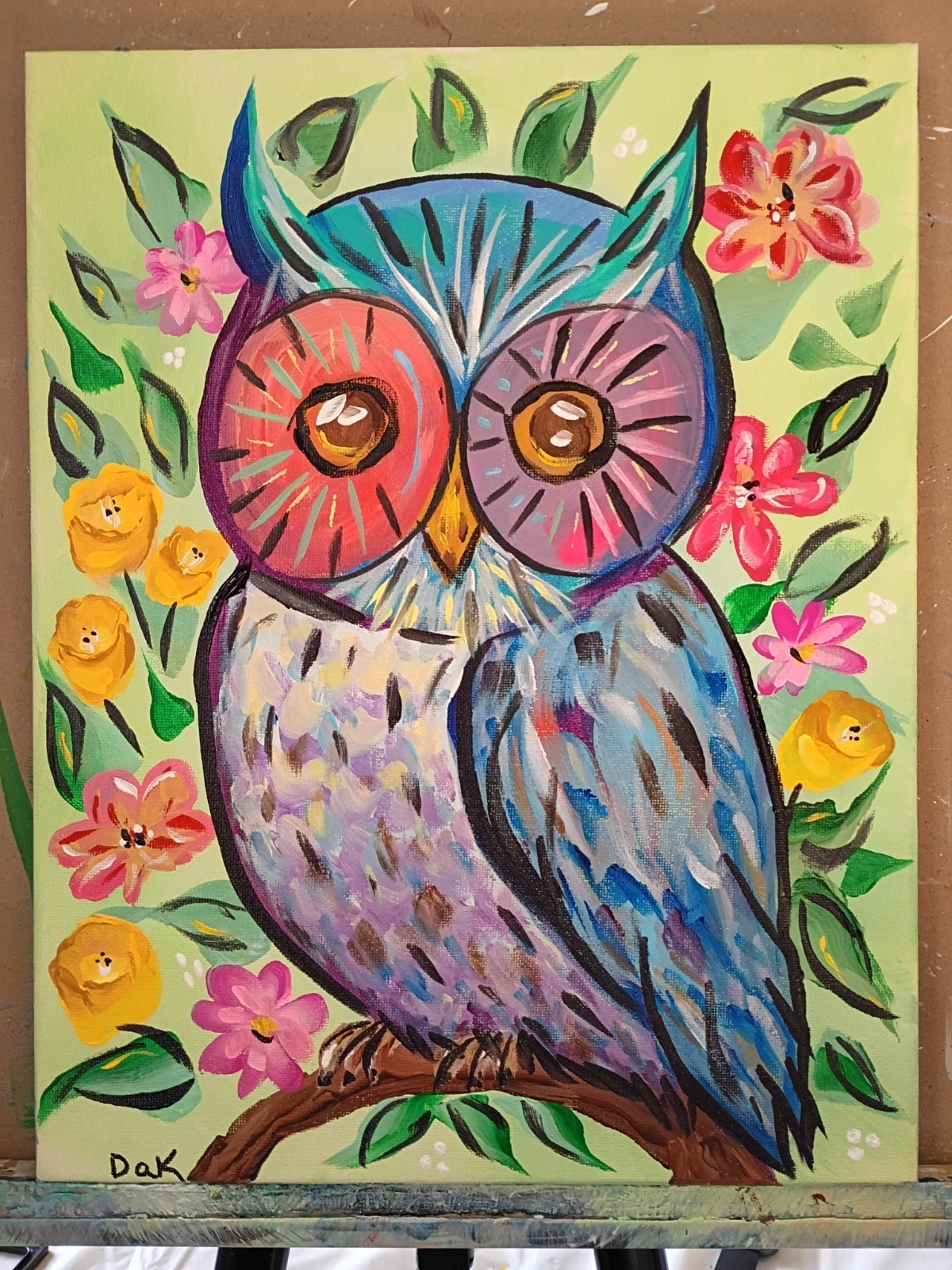 Floral Owl 11×14 Canvas Original Art Expressionism Abstract Night Bird For Kids