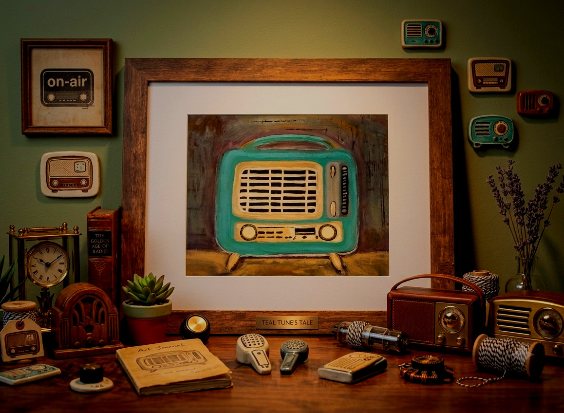 Vintage Retro Radio Painting Framed Original Art Teal Turquoise Mid Century Deco
