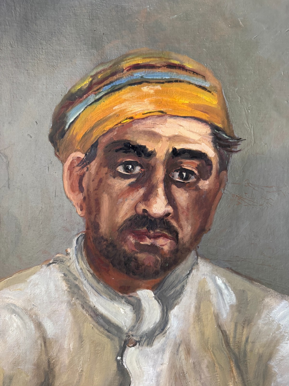 Vintage C.1940 Portrait Oil on Canvas Man Yellow Hat Attr Jean Schweckler 21×15