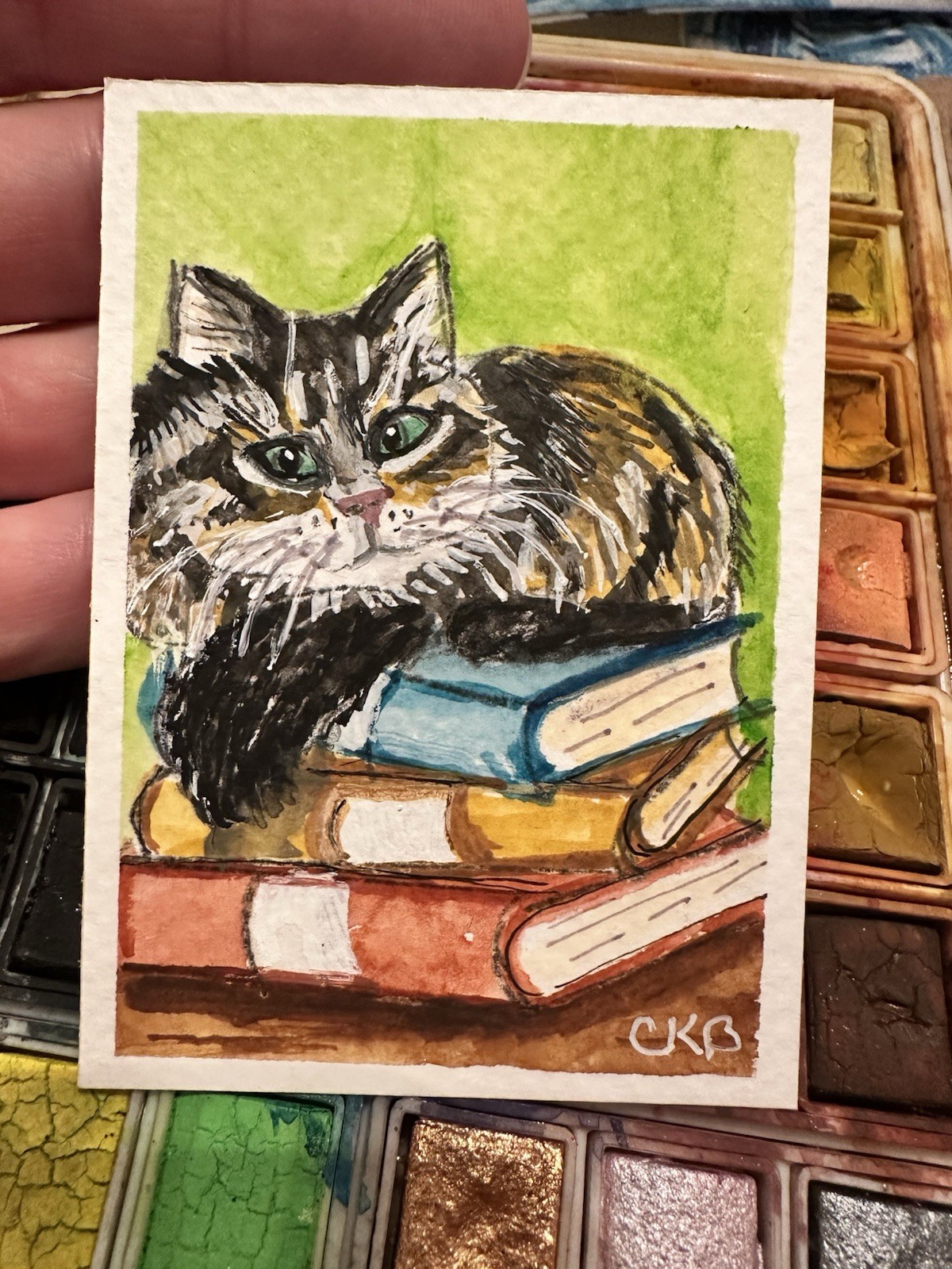 ACEO Original Watercolor Cat Laying On Books Signed 2.5 X3.5