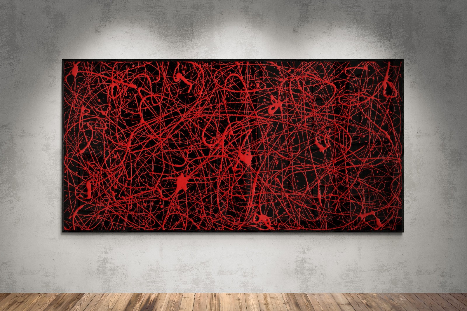 XXL Jackson Pollock Style Red & Black Abstract Painting 59×30 in Original