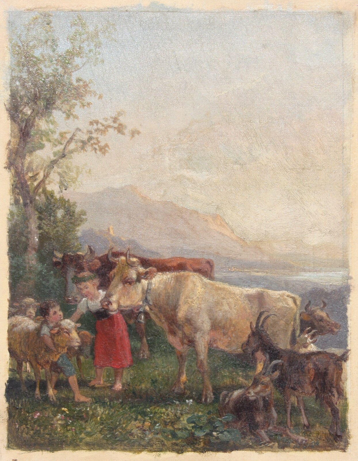 Children with Cows & Sheep in an Idyllic Mountain Landscape, Painting, 19th century