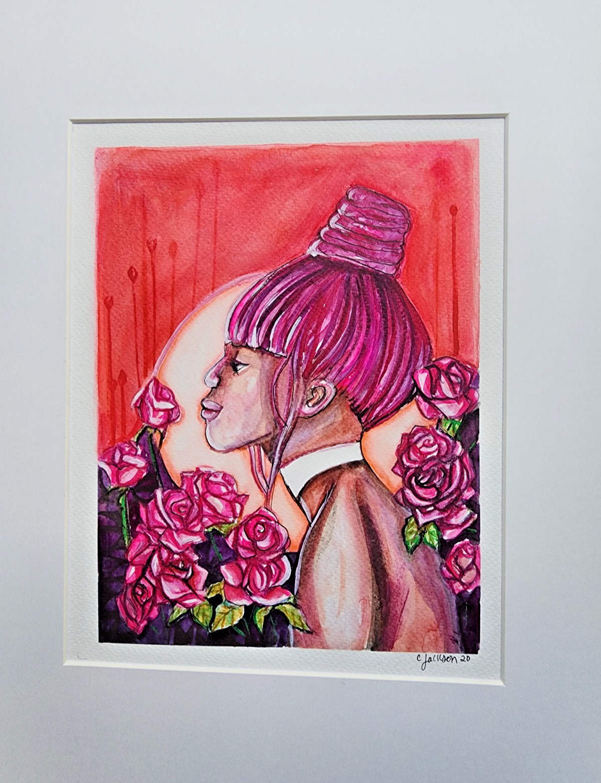 Original painting acrylic 11 x 14 of black woman among roses art by CRC