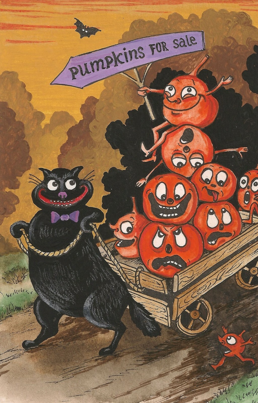 9×14 PRINT OF PAINTING HALLOWEEN RYTA BLACK CAT PUMPKINS VINTAGE STYLE FOLK ART