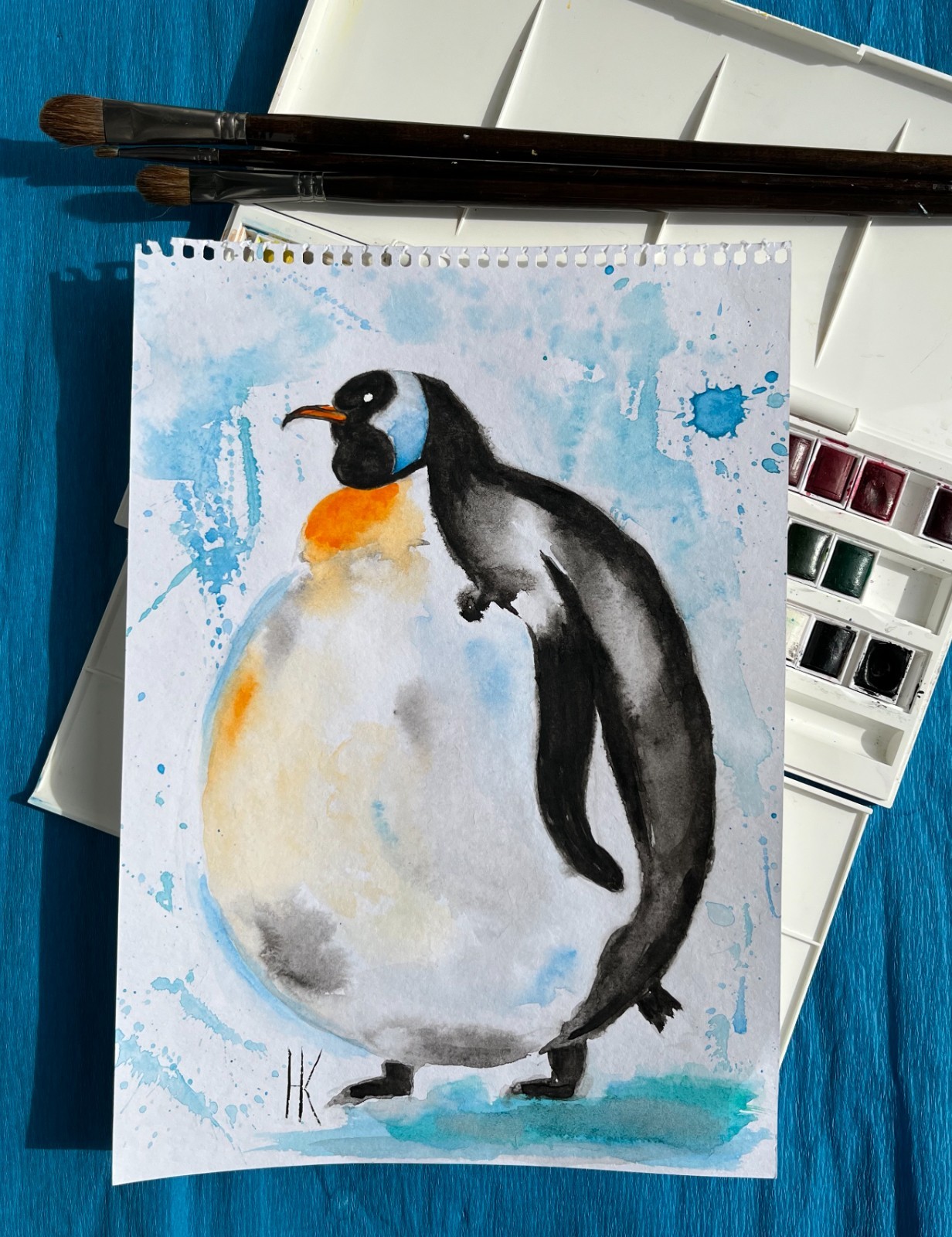 Penguin Painting Animal Original Art Wildlife Watercolor Wall Art 8 x 12 inches
