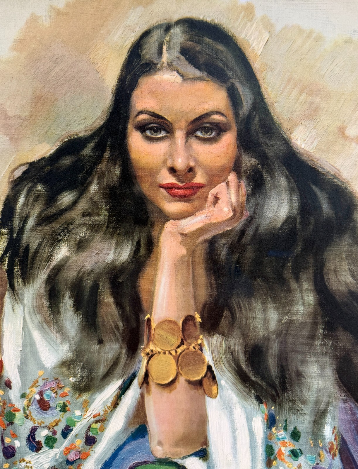Jean Van Caulaert French Art Deco Oil Portrait Painting Gorgeous Gypsy Woman