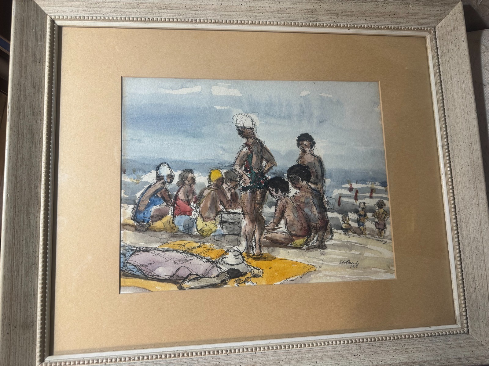 1978 “Figures On Beach Scene” Pen/Ink/Watercolor Painting – Signed And Framed