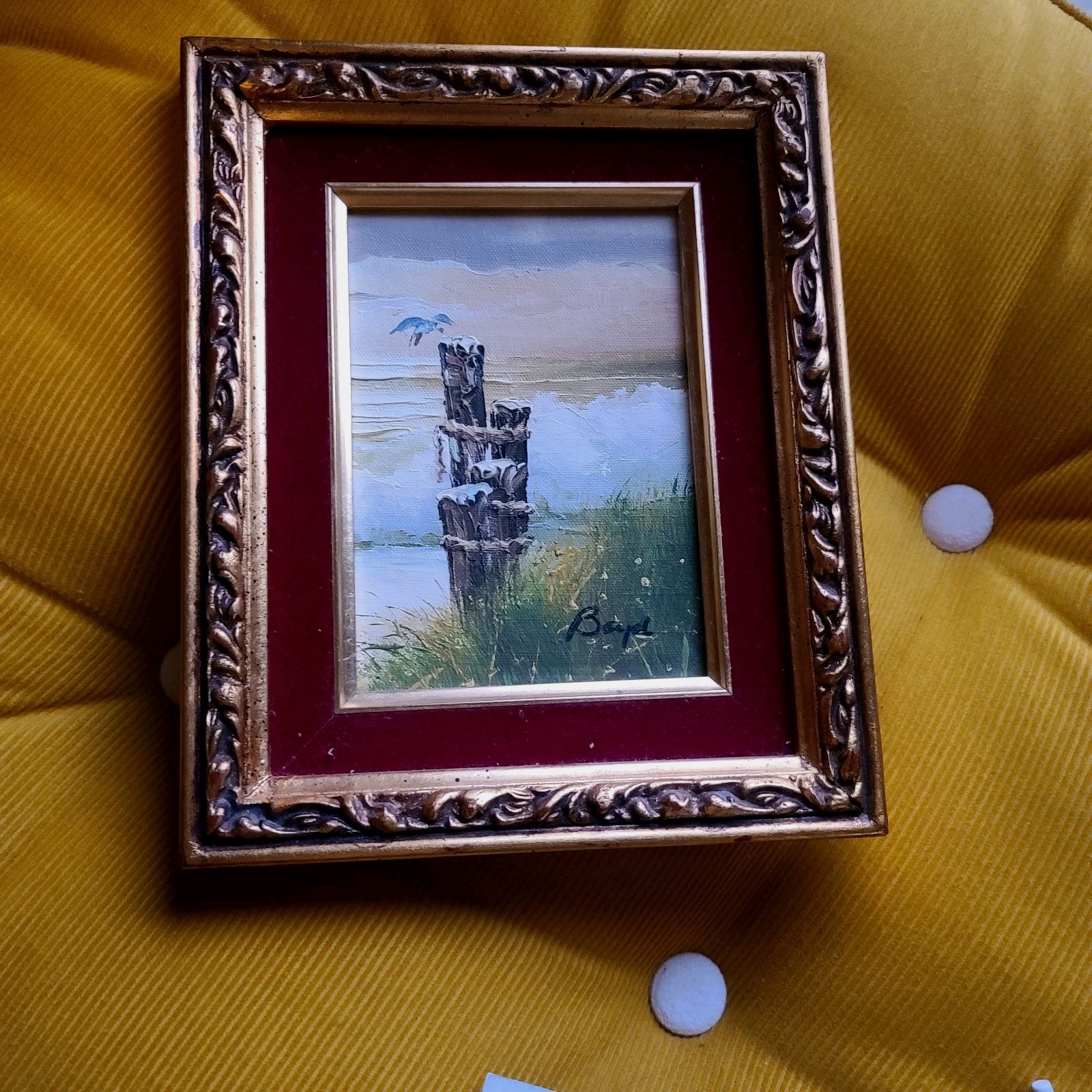 Vintage oil painting Ocean Dunes on wood framed Red velvet matt And Gull 10″×8″