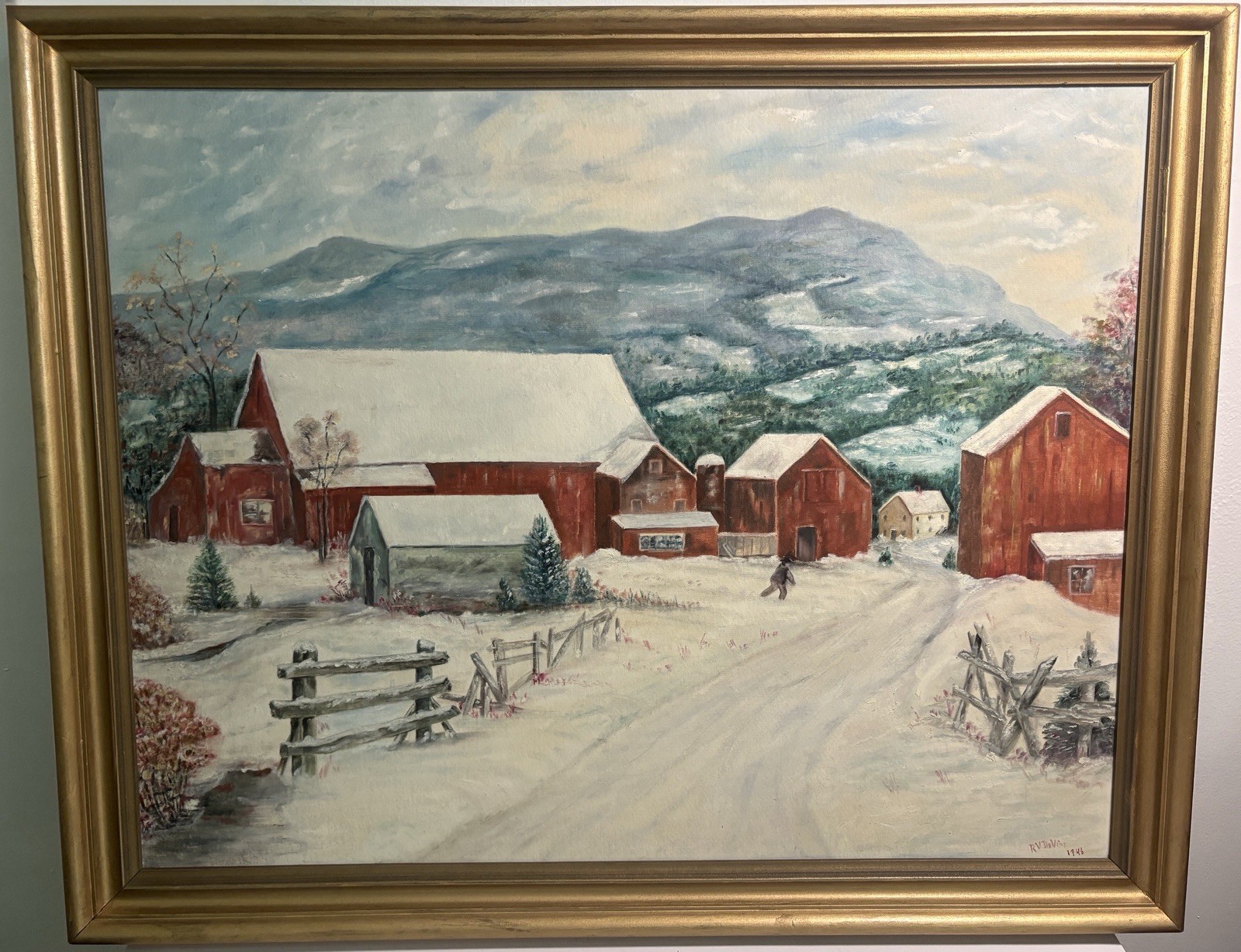 Vintage Original Oil Painting Signed Winter Landscape Red Barn Folkart RV DeVine