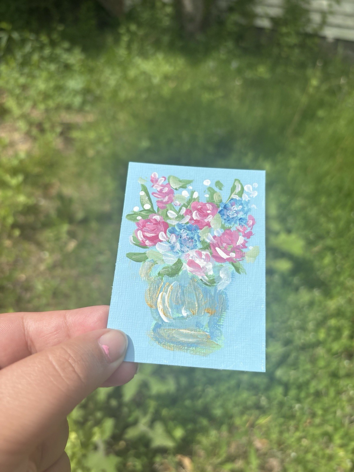 ACEO Original Art Flower Still Life Pink & Blue miniature acrylic painting ART