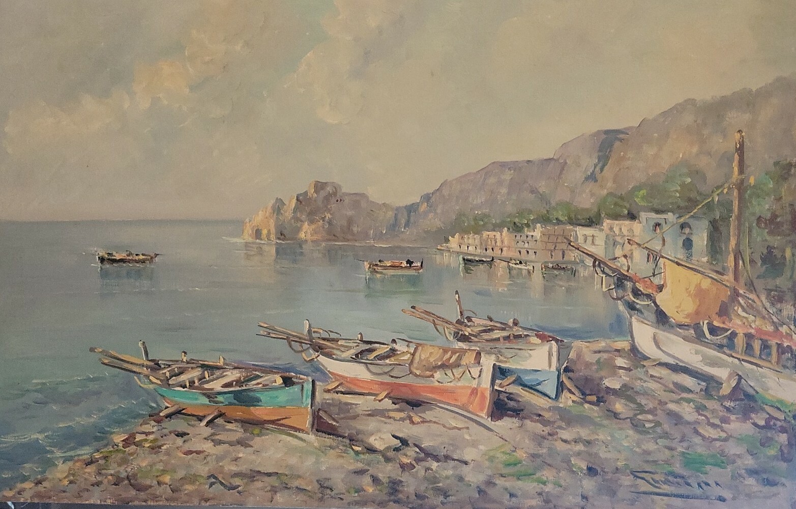 Oil painting harbor boats landscape island water sky clouds
