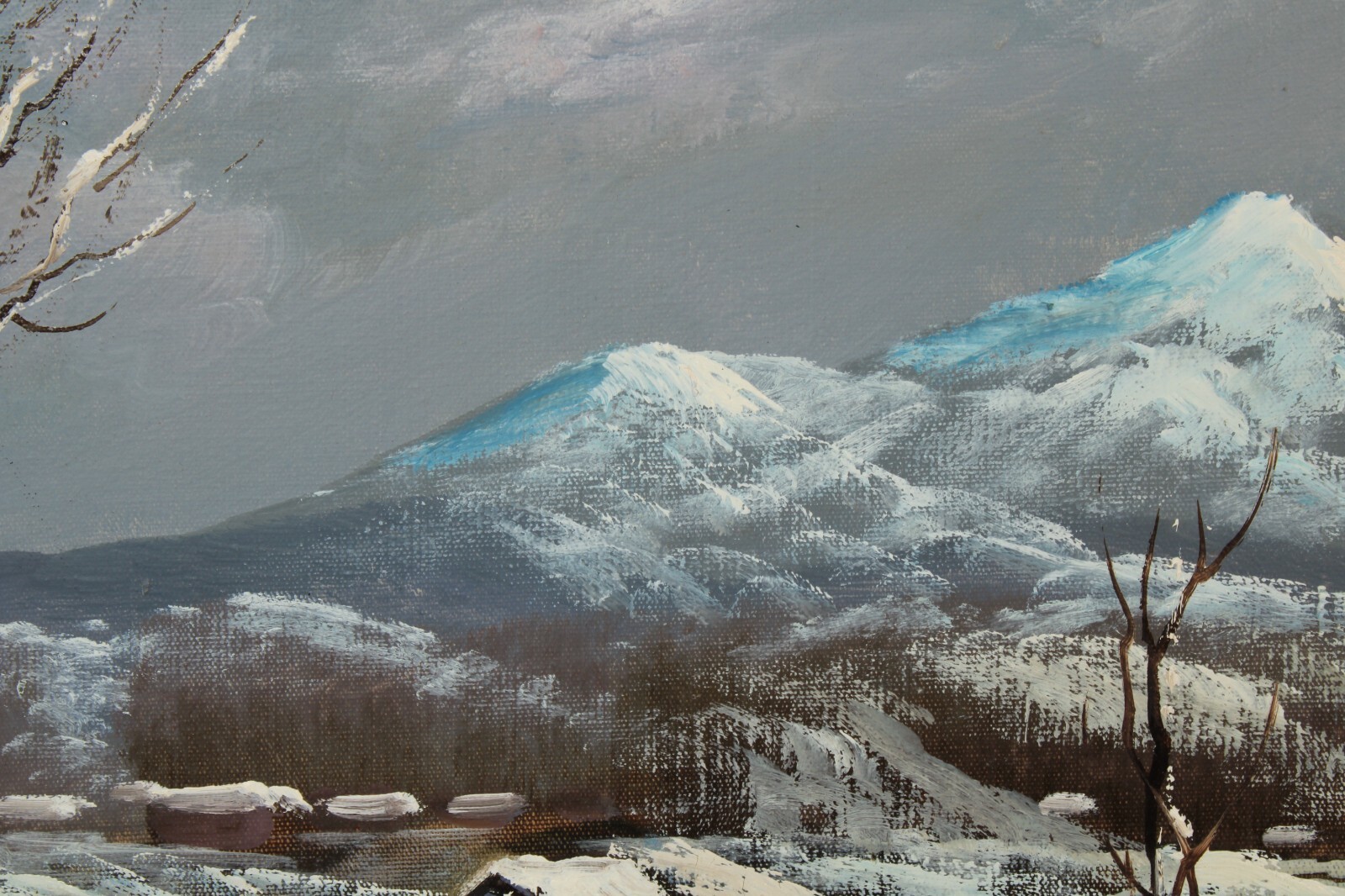 Vintage Winter Landscape Snow Cottage Scenery Oil Painting Signed Illegible