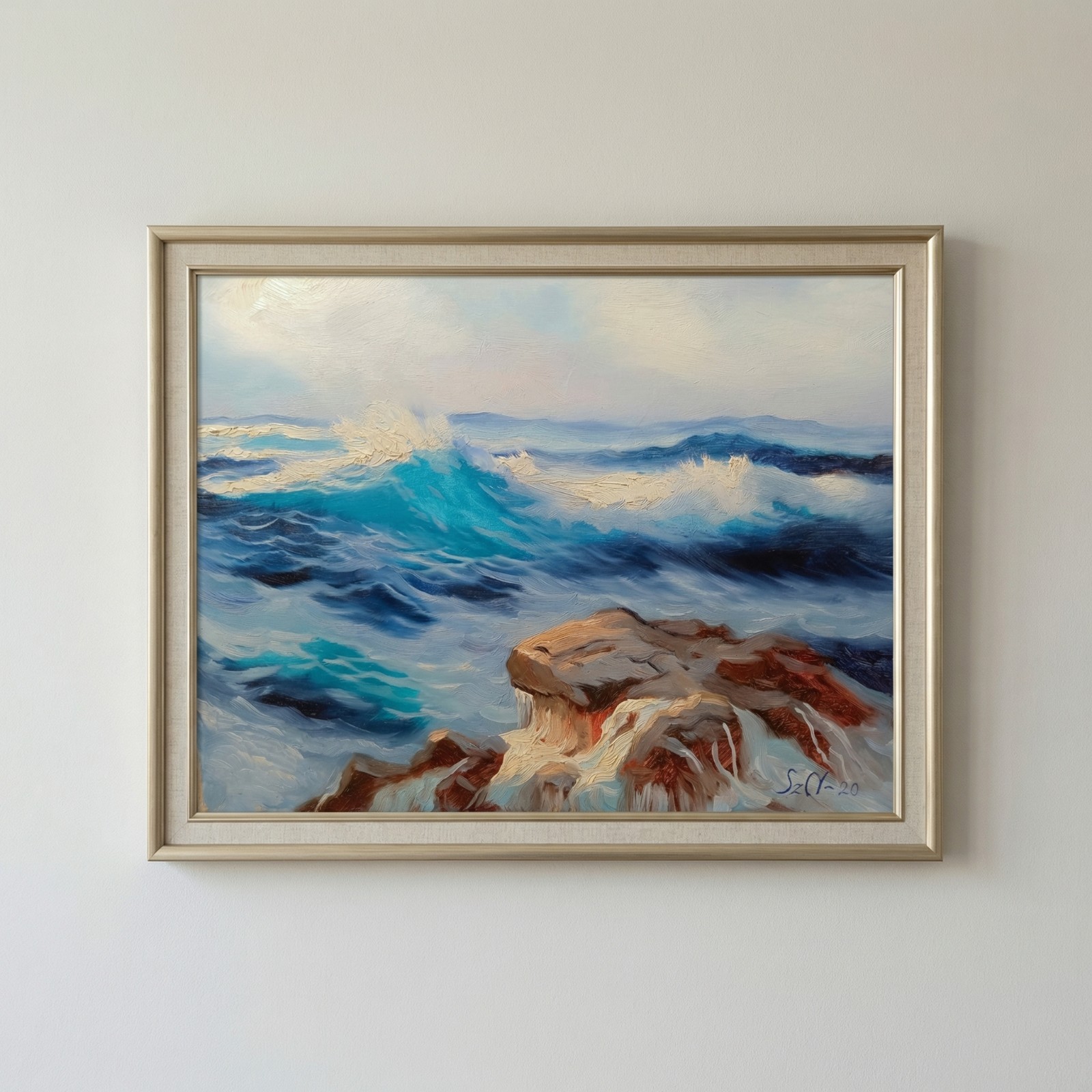Original Oil Painting Blue Ocean Waves Seascape Impressionistic Art 16×20 Signed