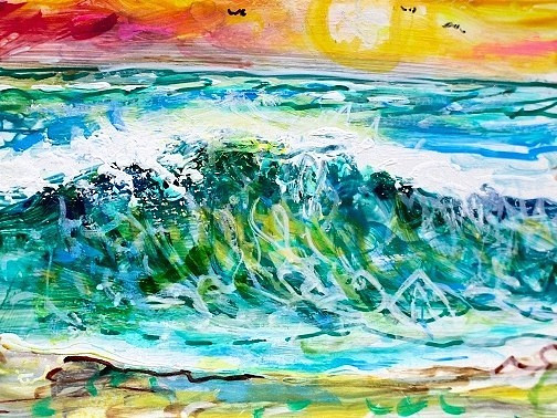 ORIGINAL ACEO Painting OCEAN Beach Waves Birds Sunset Summer Shore Sea ATC ART