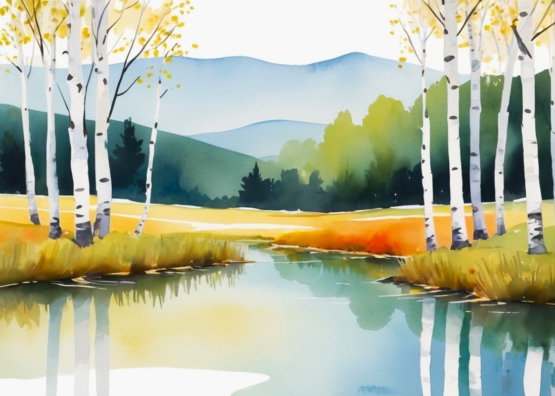 ACEO Mini *ART PRINT* Birch River Landscape Tiny Miniature Watercolor by Saulite