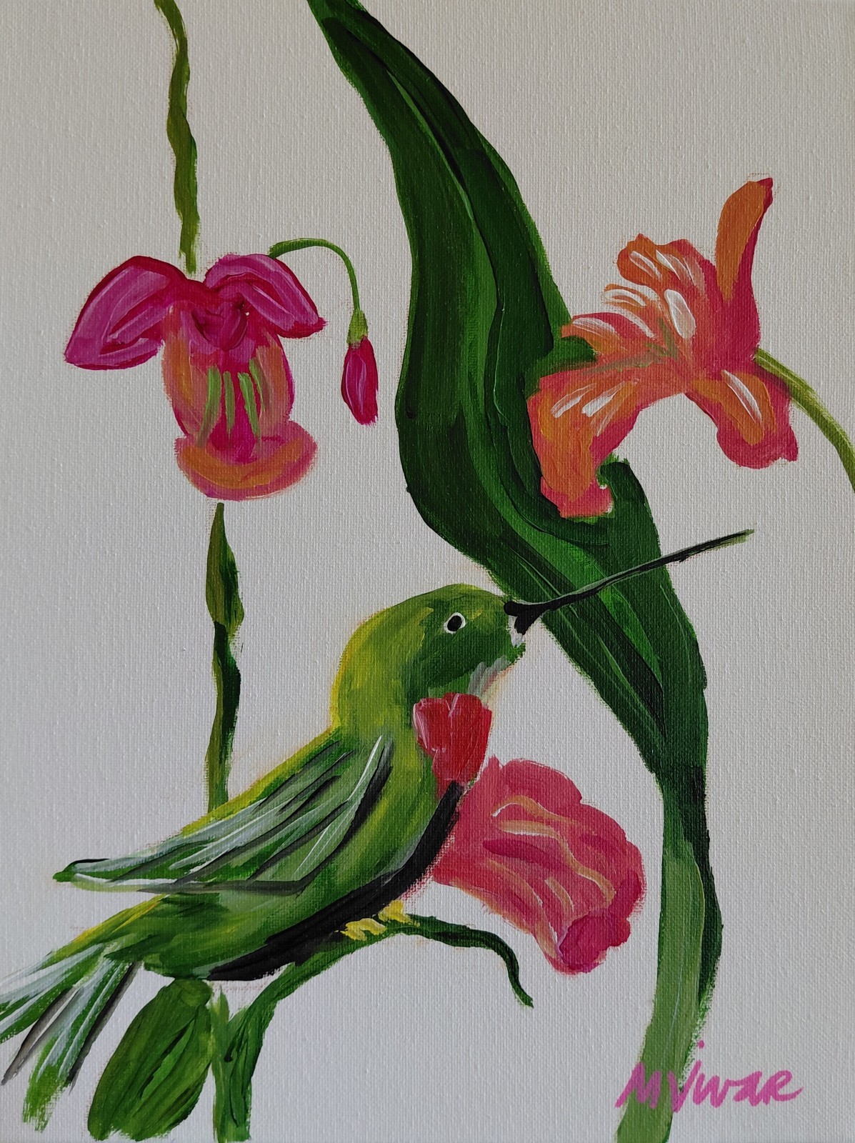 MONA VIVAR Original 11×14 Colorful Botanical Hummingbird Abstract Art Painting