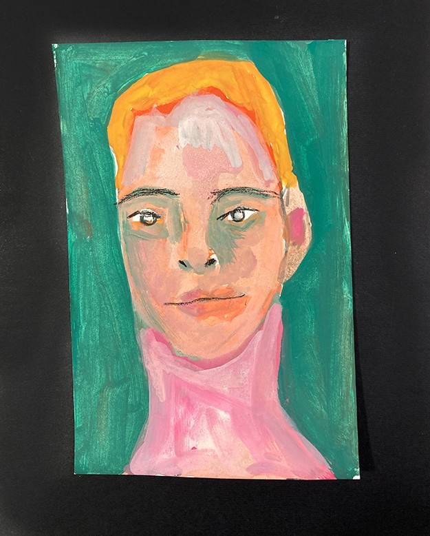 Portrait Painting 4×6 Naive Primitive Outsider Green Gouache Wall Art Miz Katie