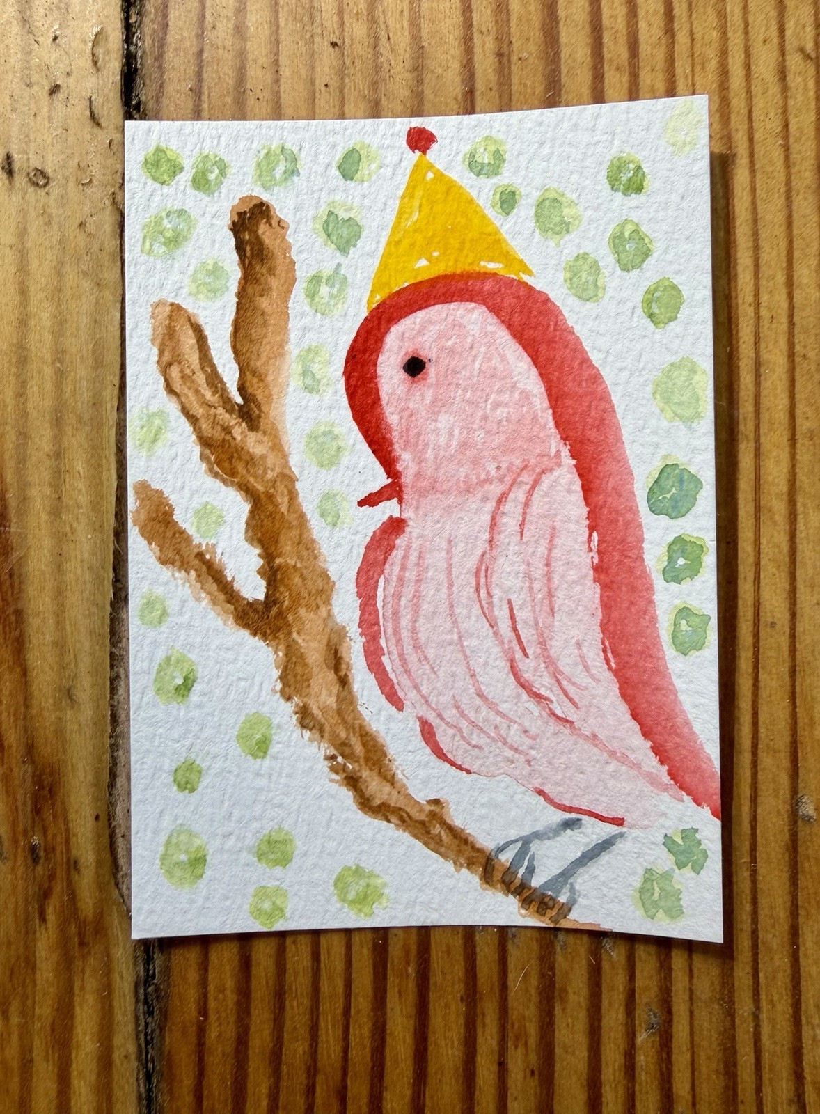 Original Small Bird Watercolor Painting Pink Bird Yellow Hat Fantasy Art