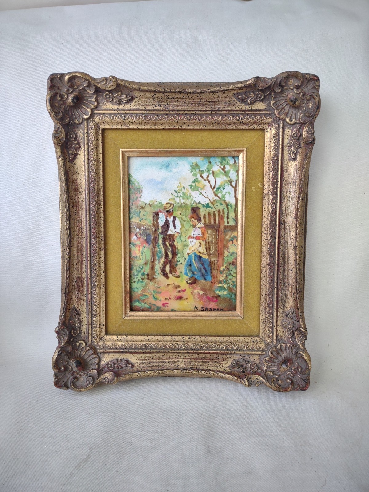 VINTAGE K. SHARON SIGNED ENAMEL ON COPPER PAINTING GILDED GOLD ROCOCO FRAME RARE
