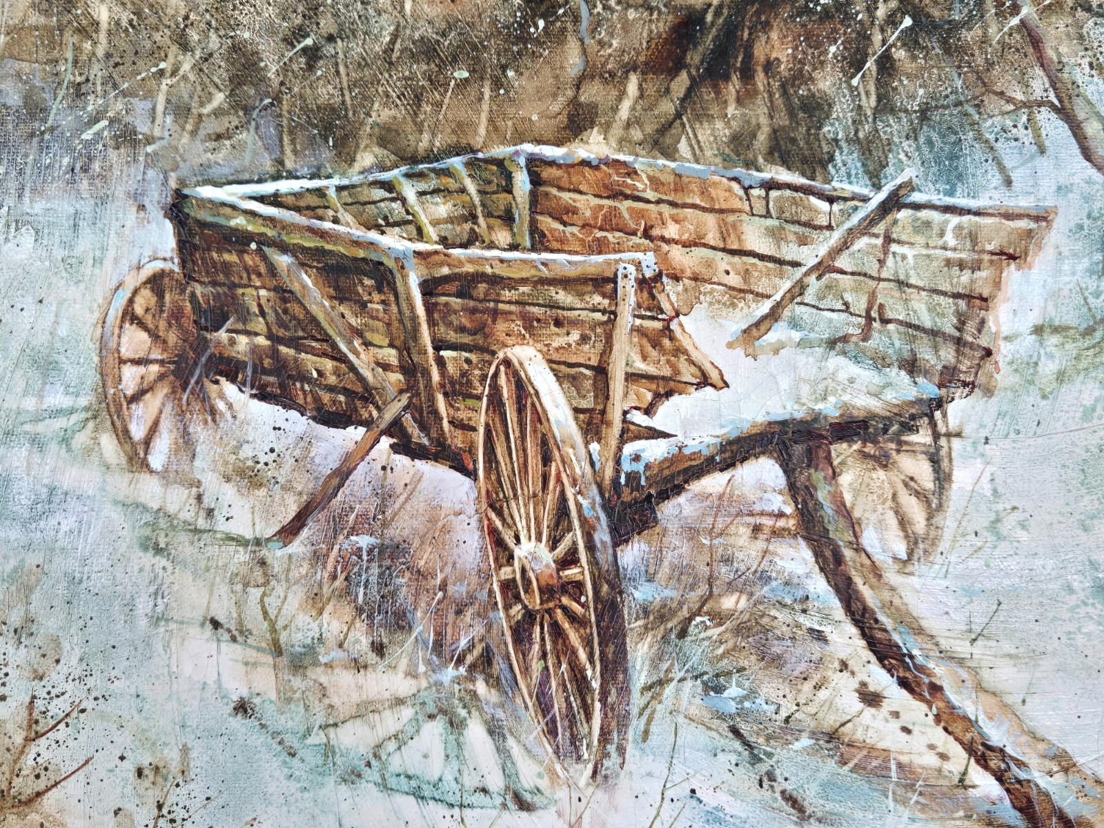 Jim Sloan original winter landscape oil painting on canvas, wagon, farm/barn