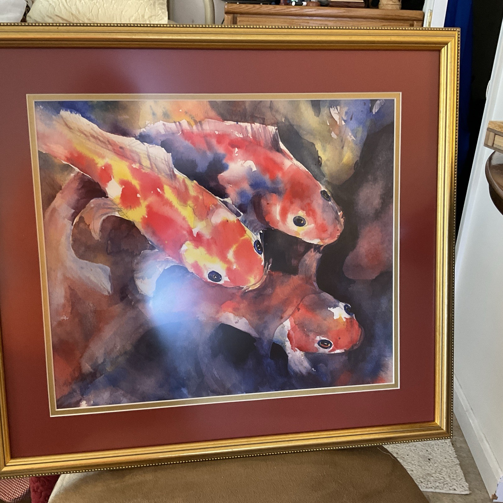 Original Koi Fish Watercolor Painting, Framed Double Matted 19 By 21 In Frame