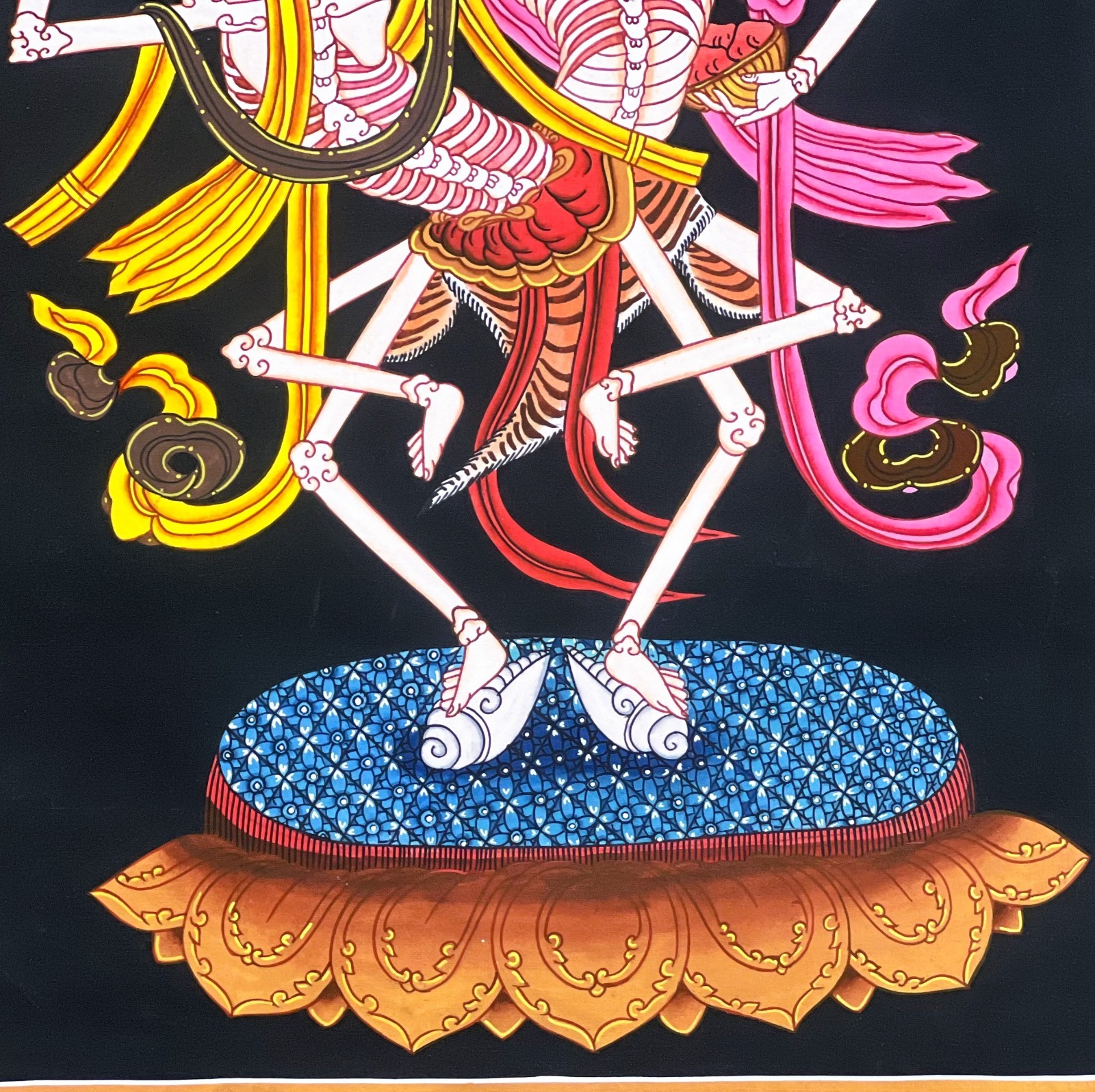 CITIPATI DANCING SKELETONS HAND-PAINTED TIBETAN THANGKA ART WITH SILK BROCADE