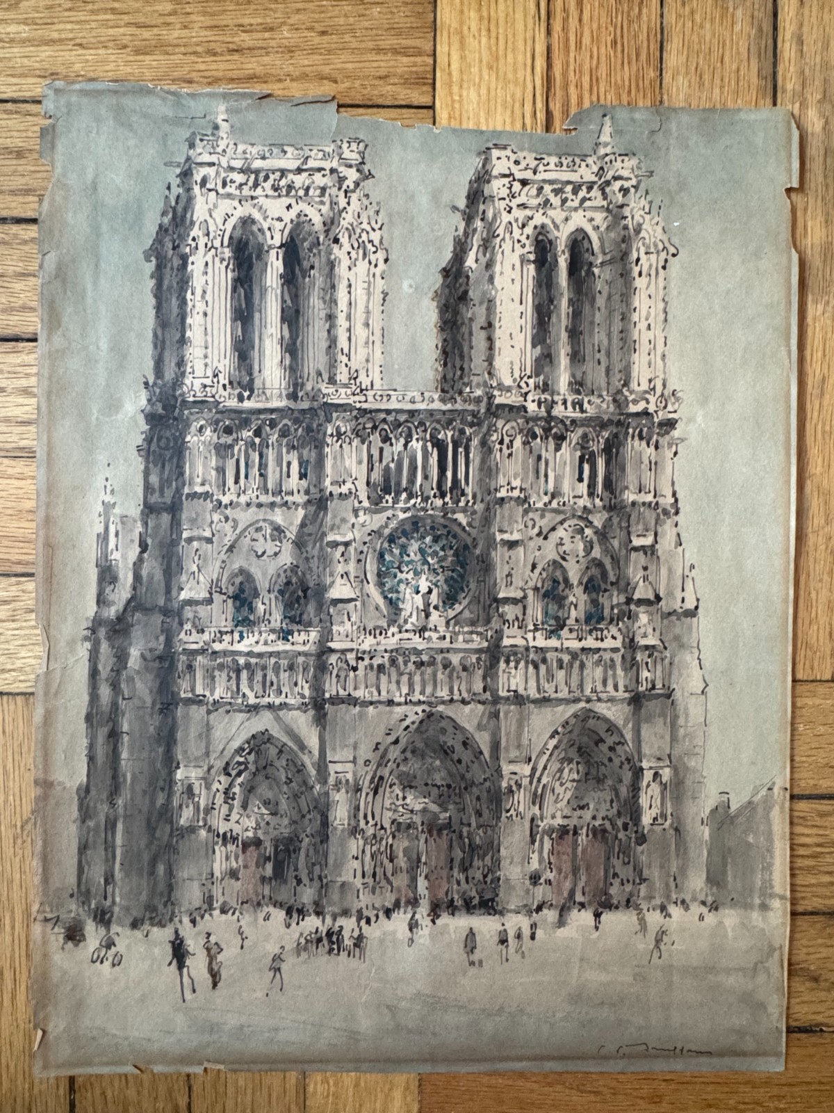 Vintage 1940s Artist Signed Watercolor Painting French Paris Notre Dame 9.5×12