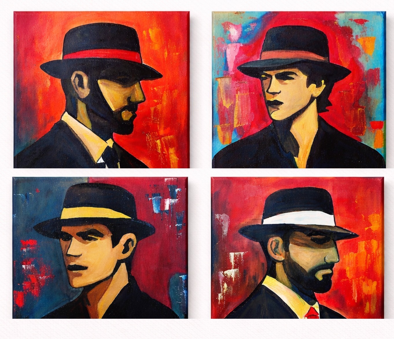 Original Modern Figurative Painting 10×10 – Noir Man in Hat Profile, Red & Black