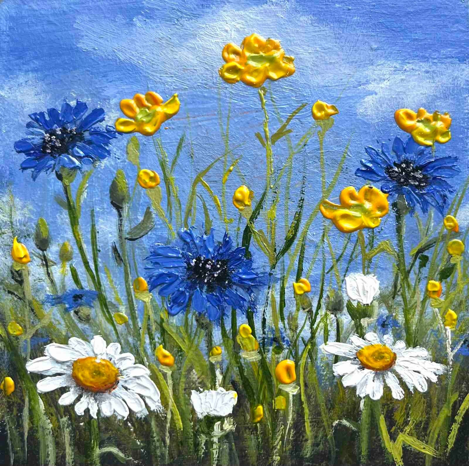 Summer ORIGINAL OIL PAINTING Landscape Wild flowers Meadow Art 4 x 4 in