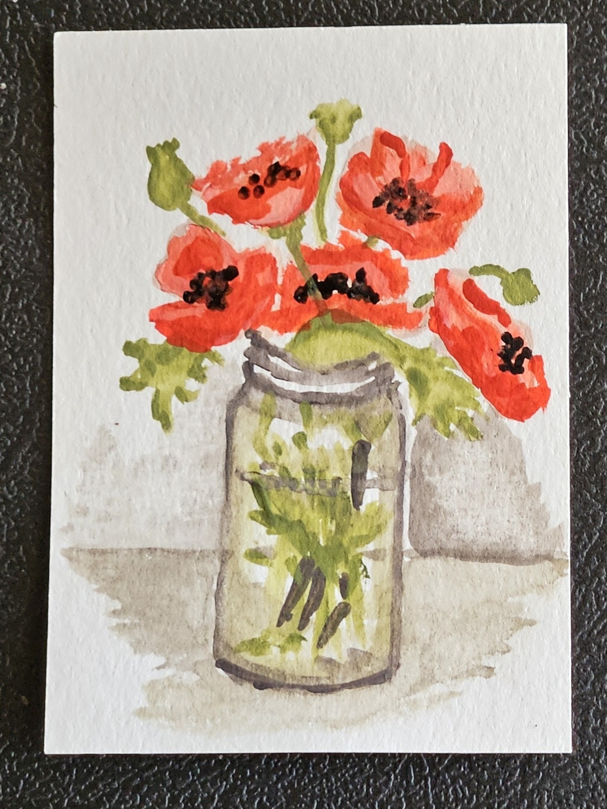 Original watercolor painting, red poppy flowers still life on paper