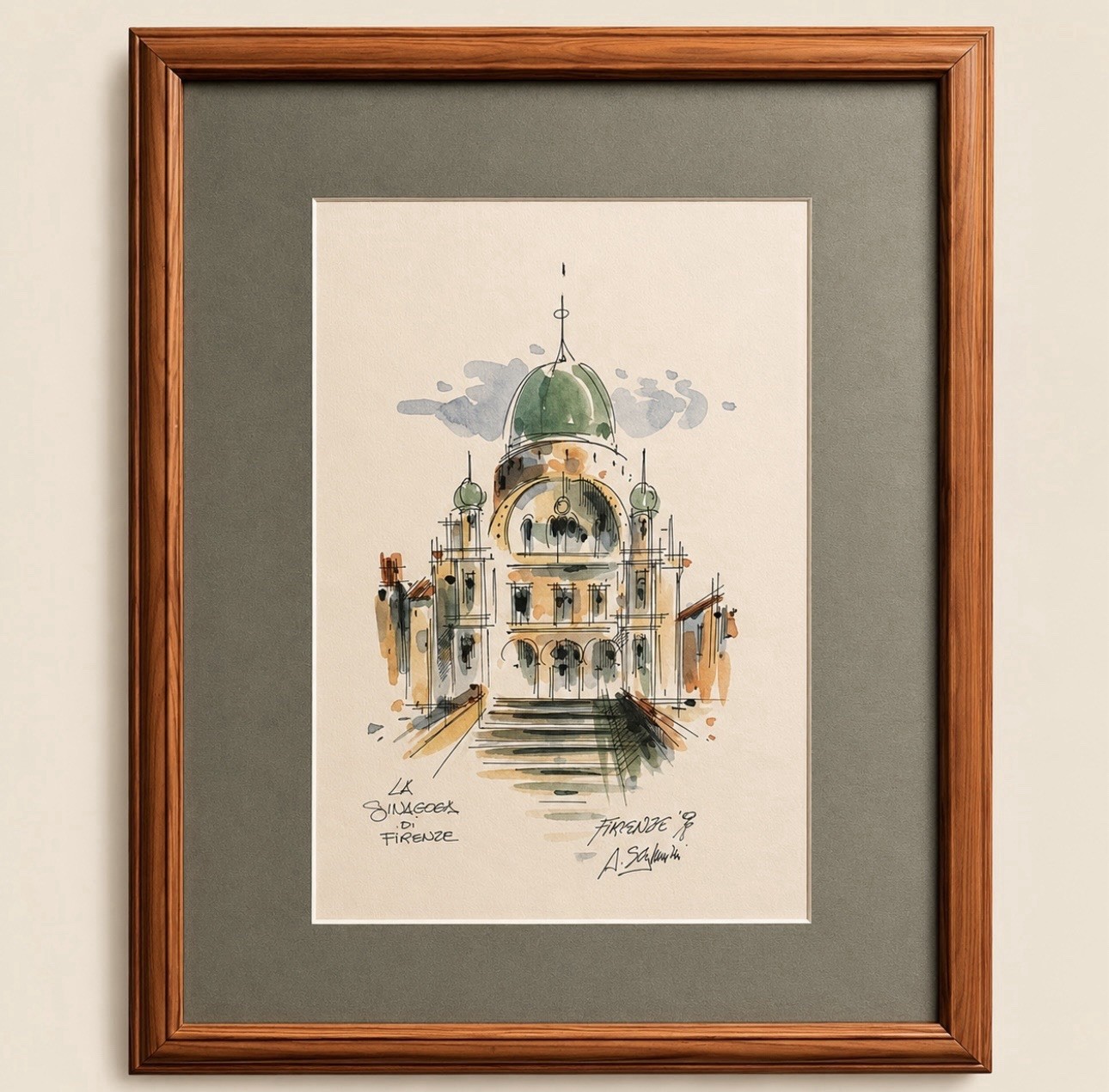 Original Florence Italy Synagogue Watercolor Ink Framed Signed Architectural Art