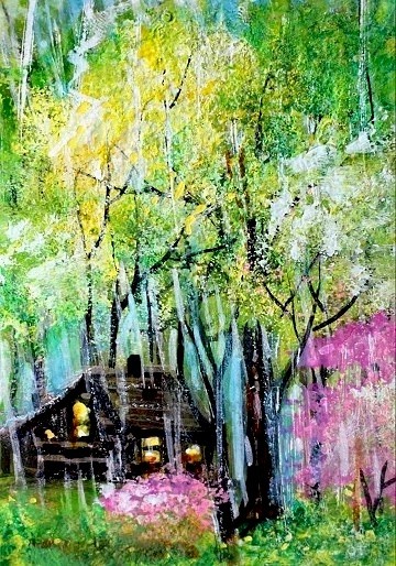 ACEO Original CABIN Spring Rain Pink Tree PAINTING Nature Landscape Kasheta ART